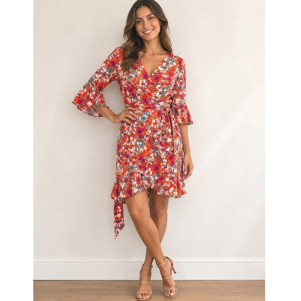 London Times Red Floral Faux Wrap Ruffle Mini Dress Bell Sleeve Size 4